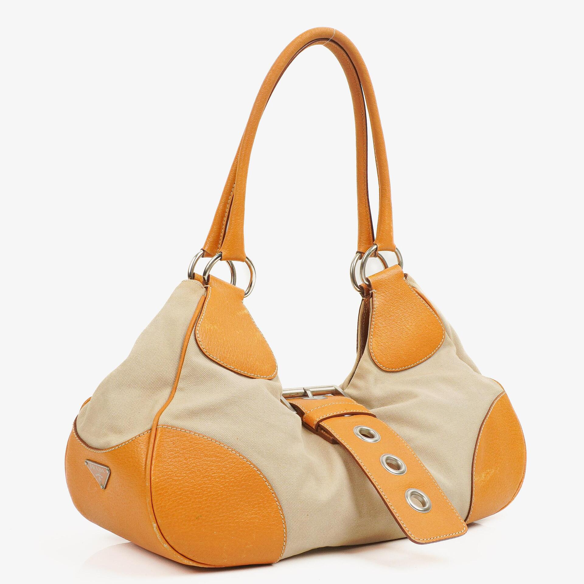 Prada Schultertasche aus beigem/karamellbraunem Canvas und Leder