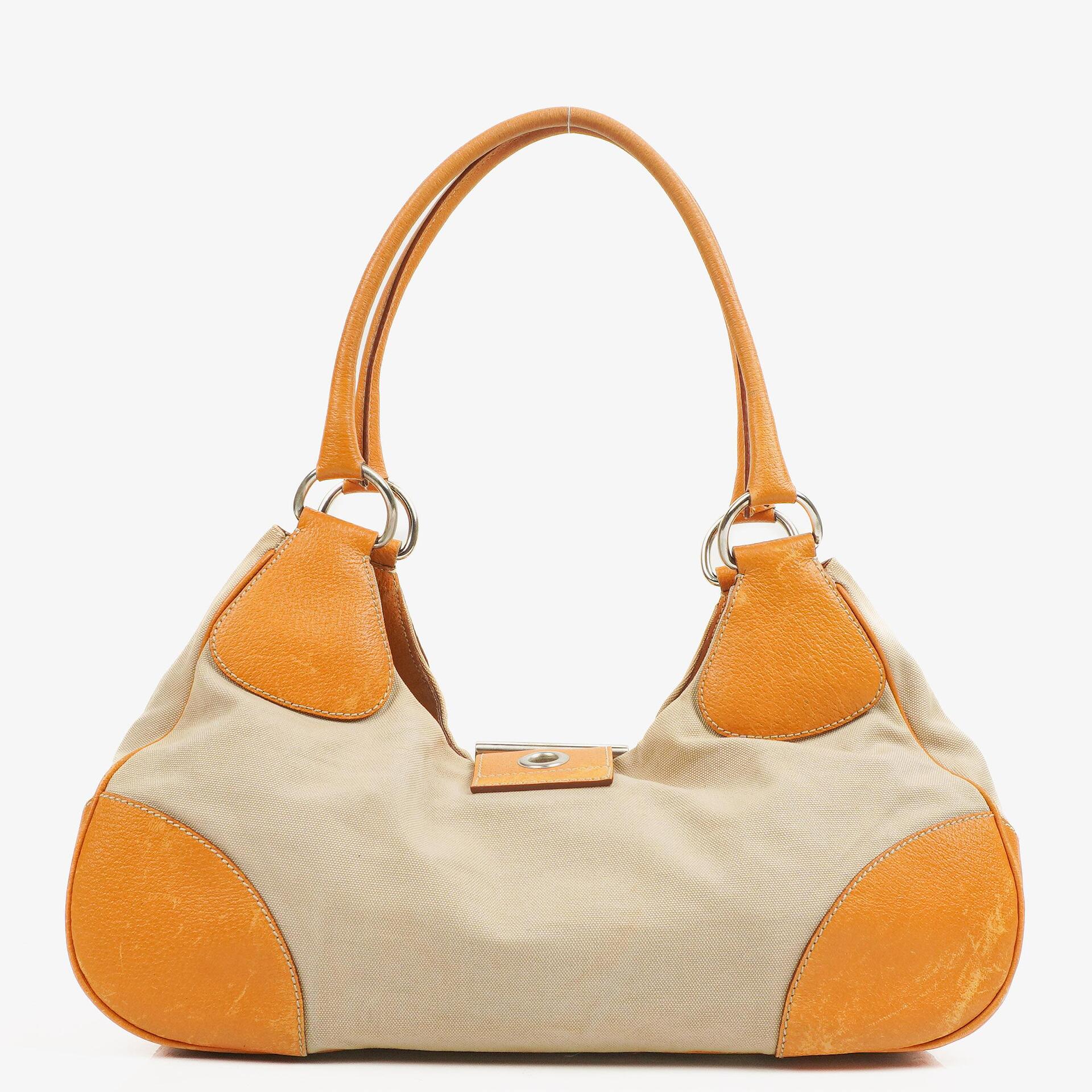 Prada Schultertasche aus beigem/karamellbraunem Canvas und Leder