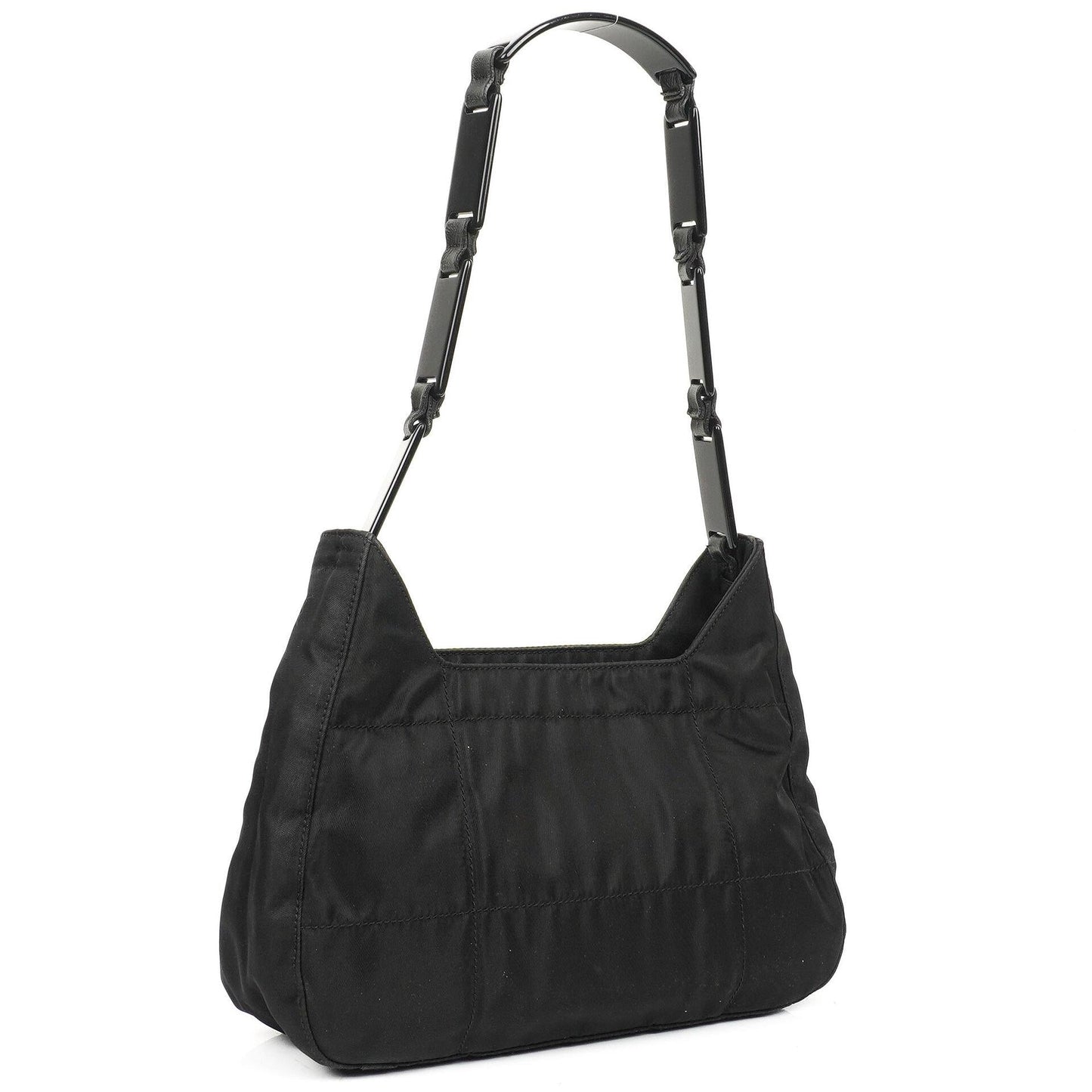 Prada Schwarze Nylon Emaillierte Metall Dreieck Obergriff Schultertasche