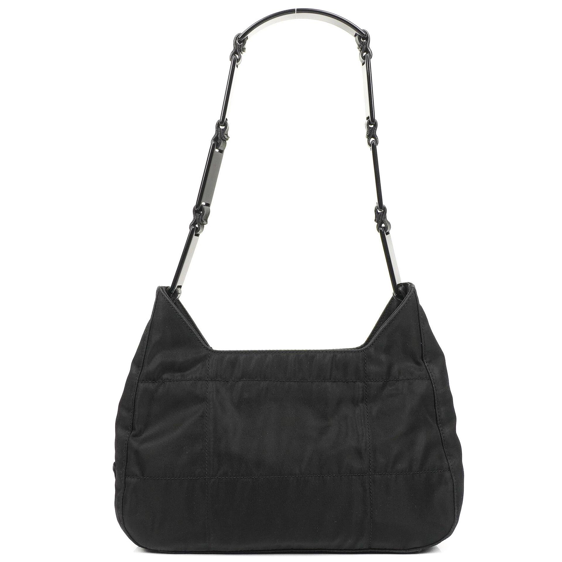 Prada Schwarze Nylon Emaillierte Metall Dreieck Obergriff Schultertasche