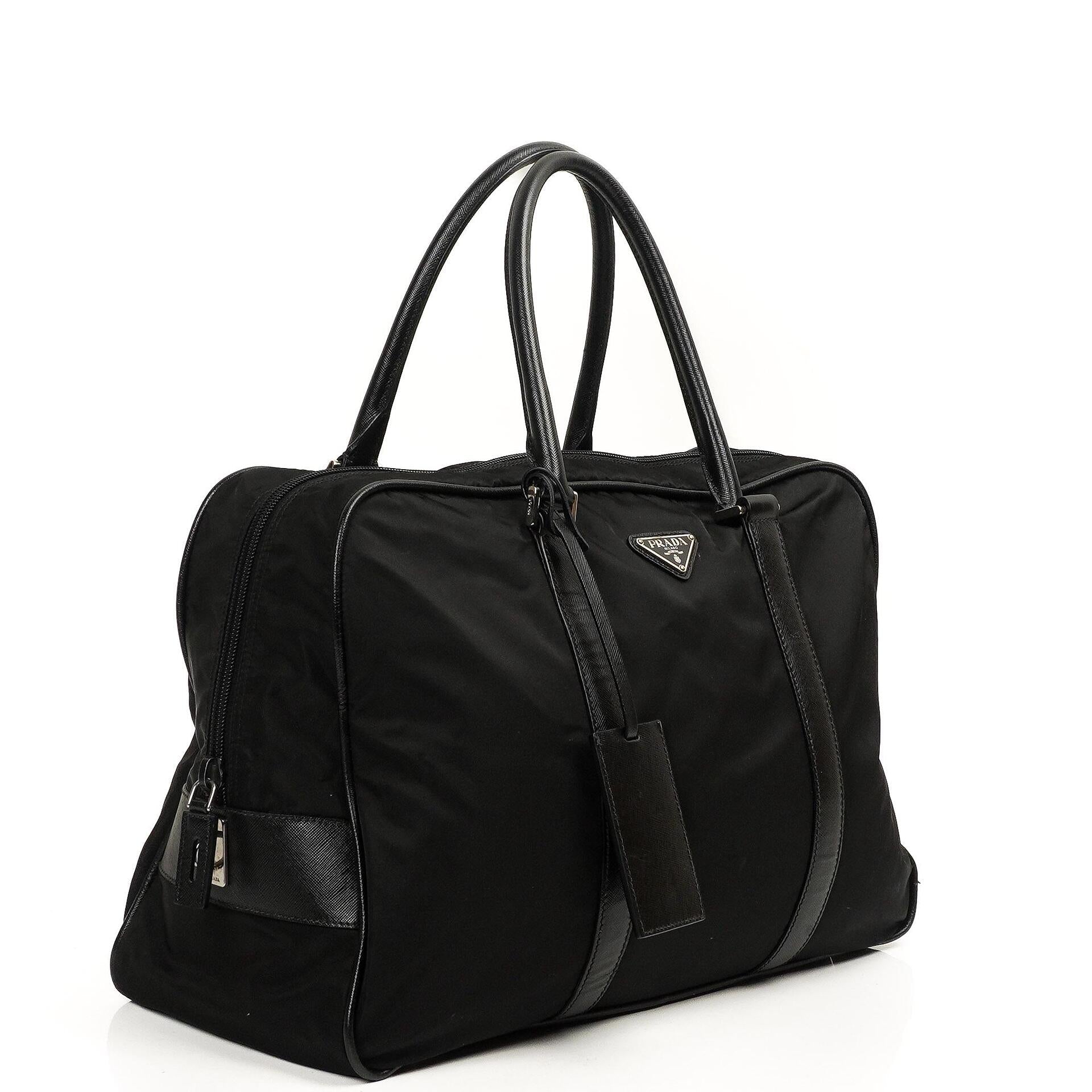 Prada Schwarze Tessuto Nylon Und Saffiano Leder Nero Duffle Bag