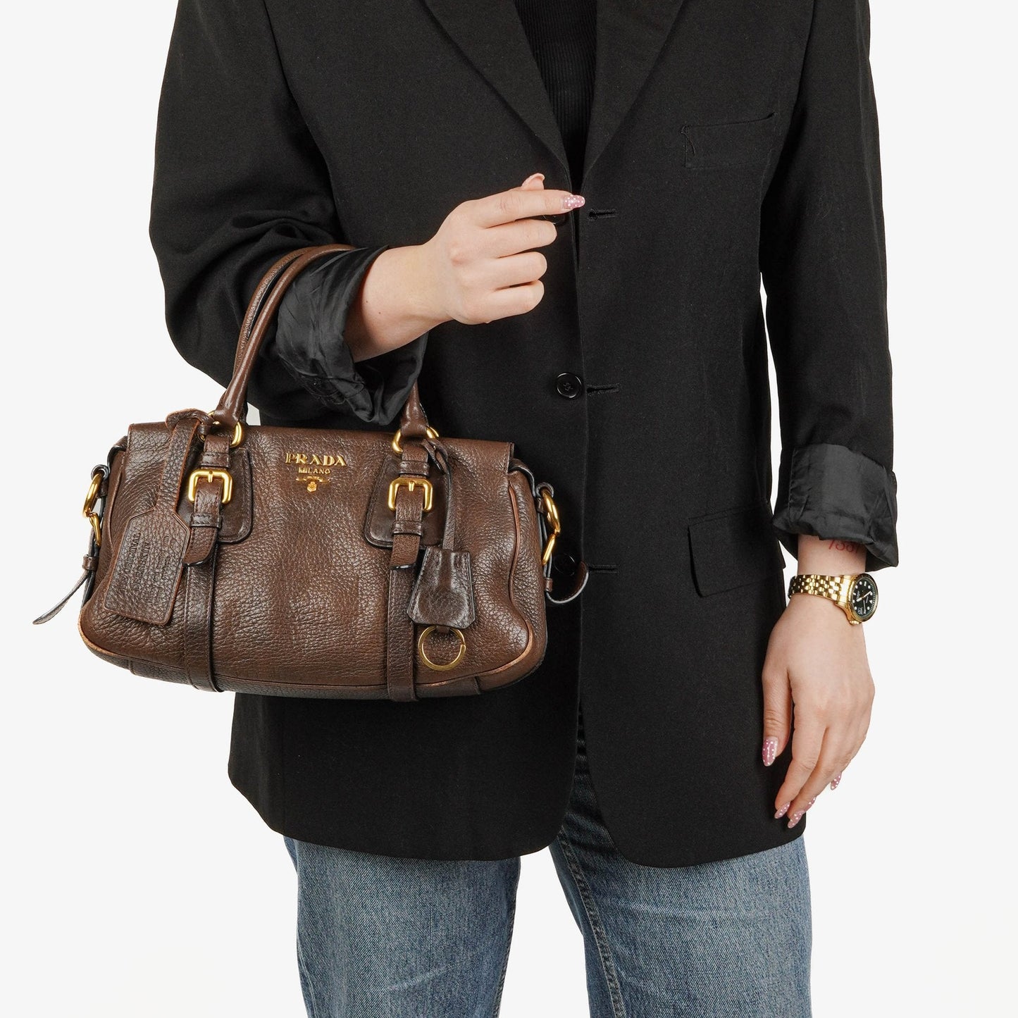 Prada Satchel Tasche aus braunem Cervo Leder
