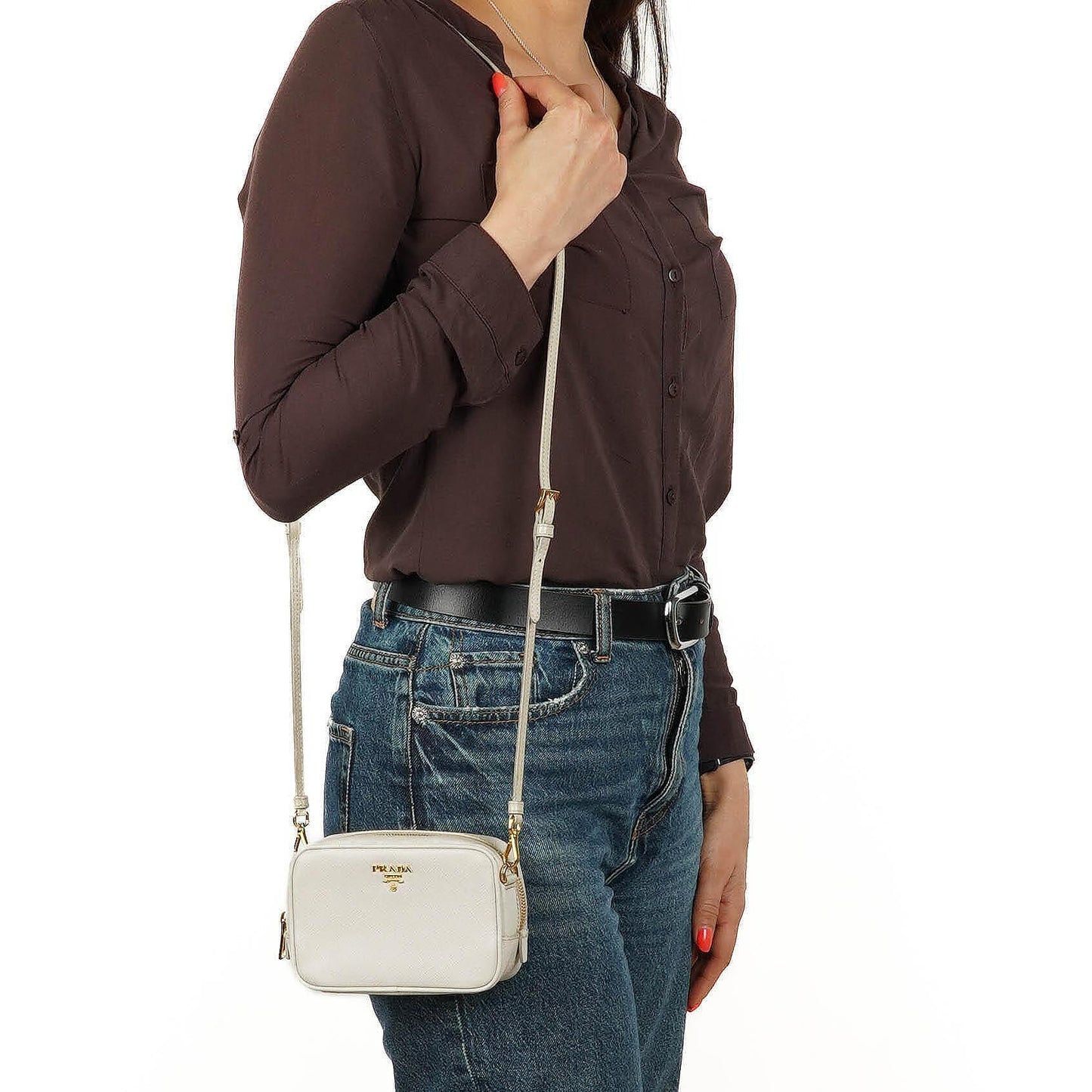 Prada Mini Camera Umhängetasche aus Talco Saffiano Leder