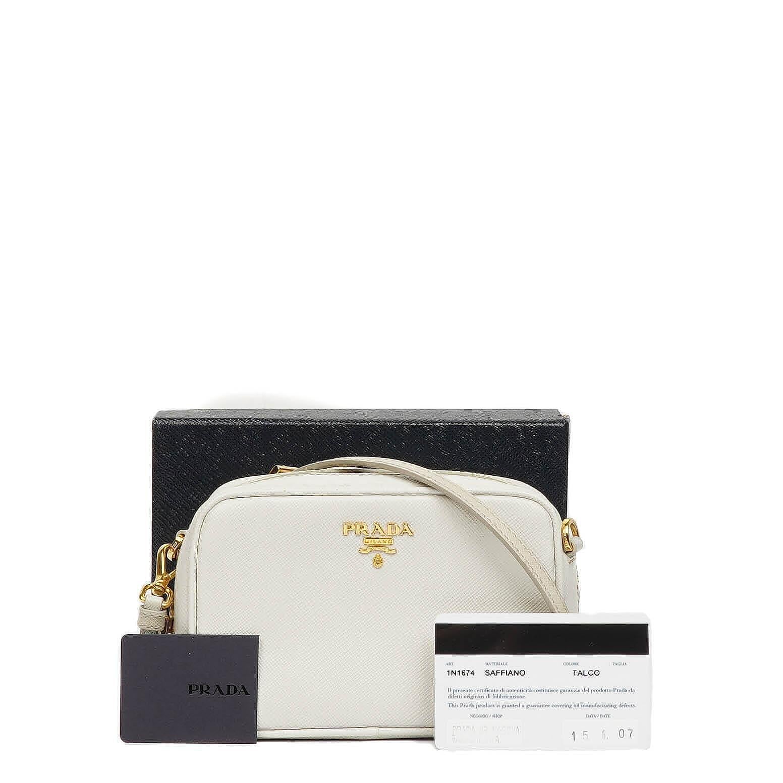 Prada Mini Camera Umhängetasche aus Talco Saffiano Leder