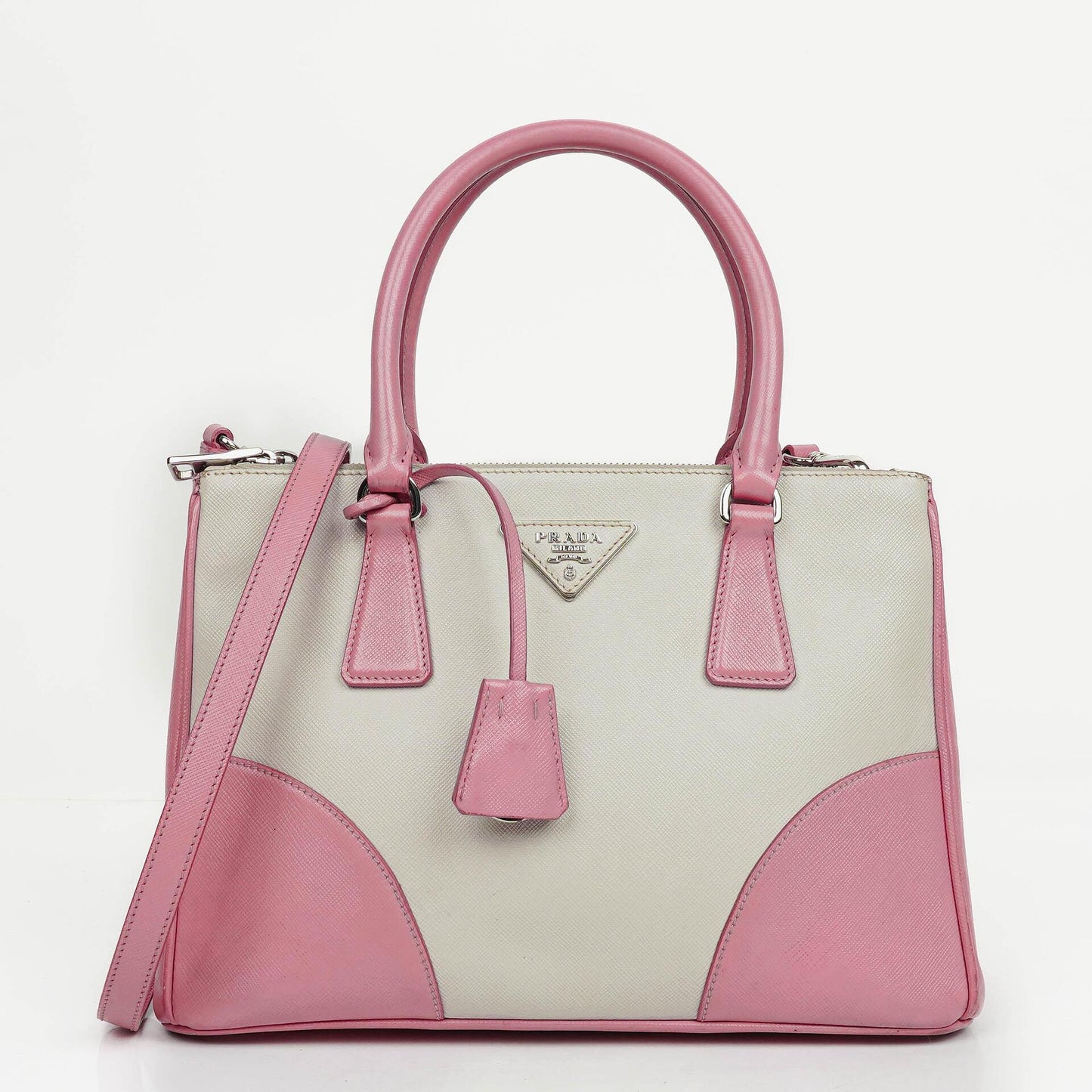 Prada Saffiano Lux Small Galleria Doppelreißverschluss-Tote in Bi-Color White/Begonia