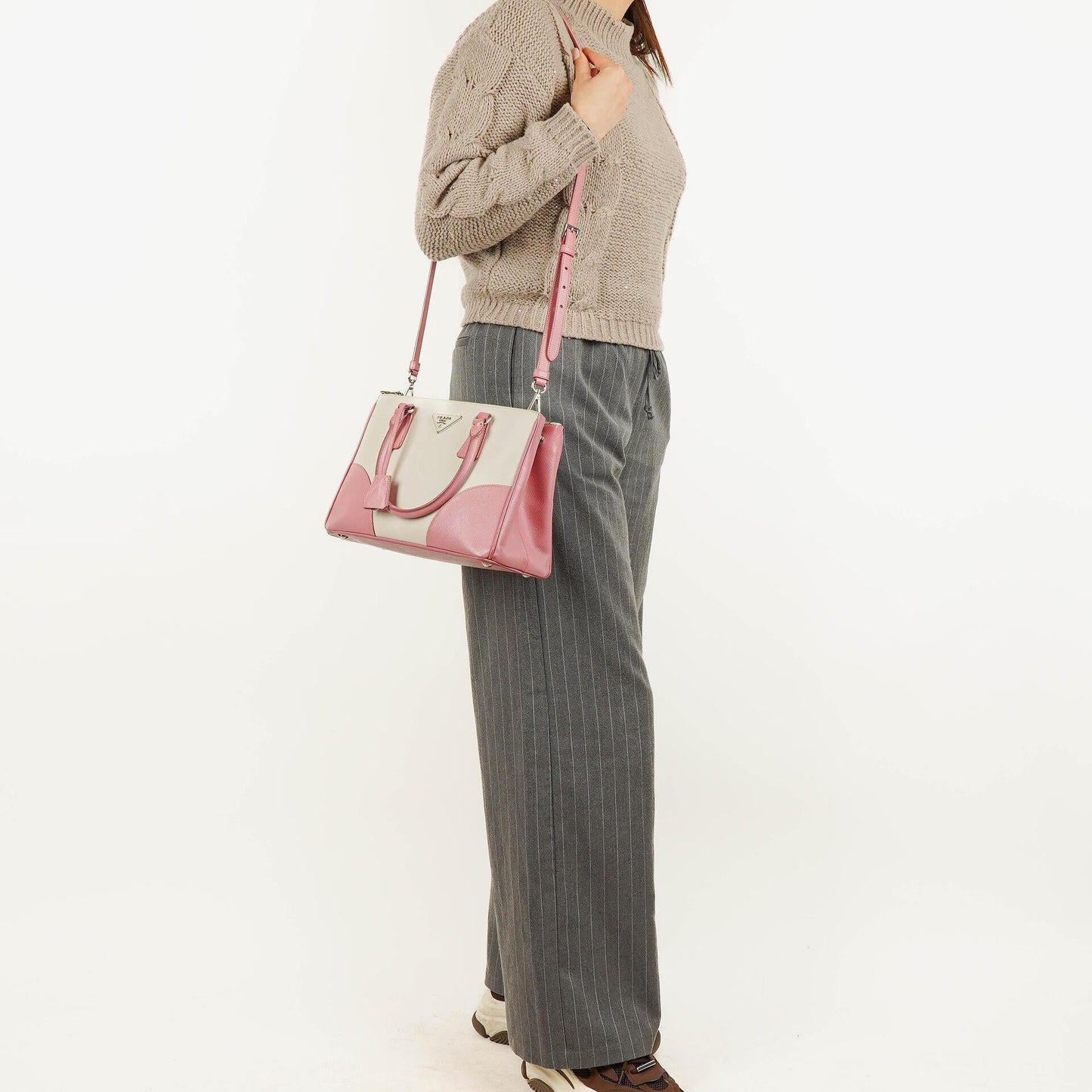 Prada Saffiano Lux Small Galleria Doppelreißverschluss-Tote in Bi-Color White/Begonia