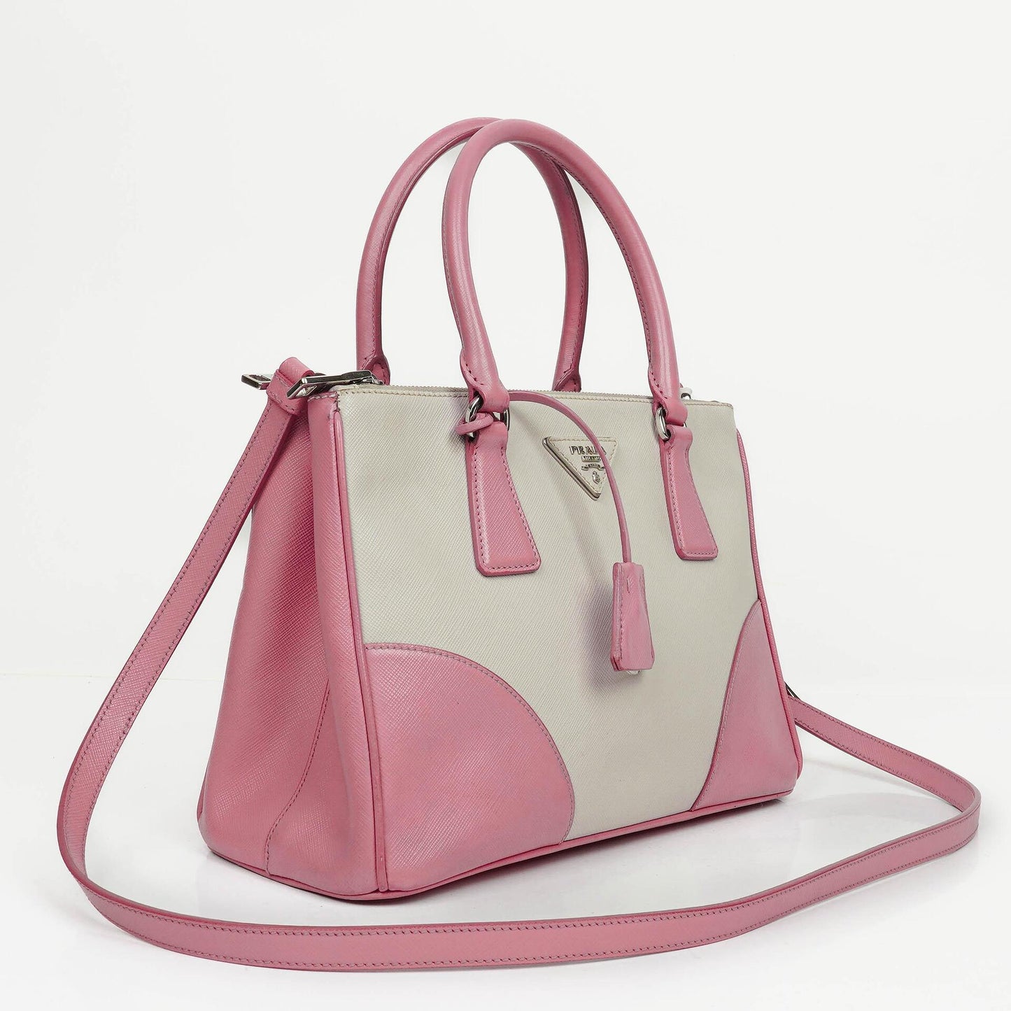 Prada Saffiano Lux Small Galleria Doppelreißverschluss-Tote in Bi-Color White/Begonia