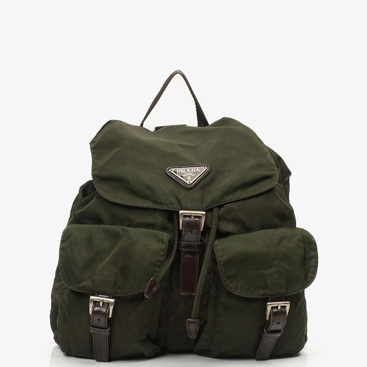 Prada Tessuto Nylon Mittlerer Rucksack Ebano Mit Lederbesatz