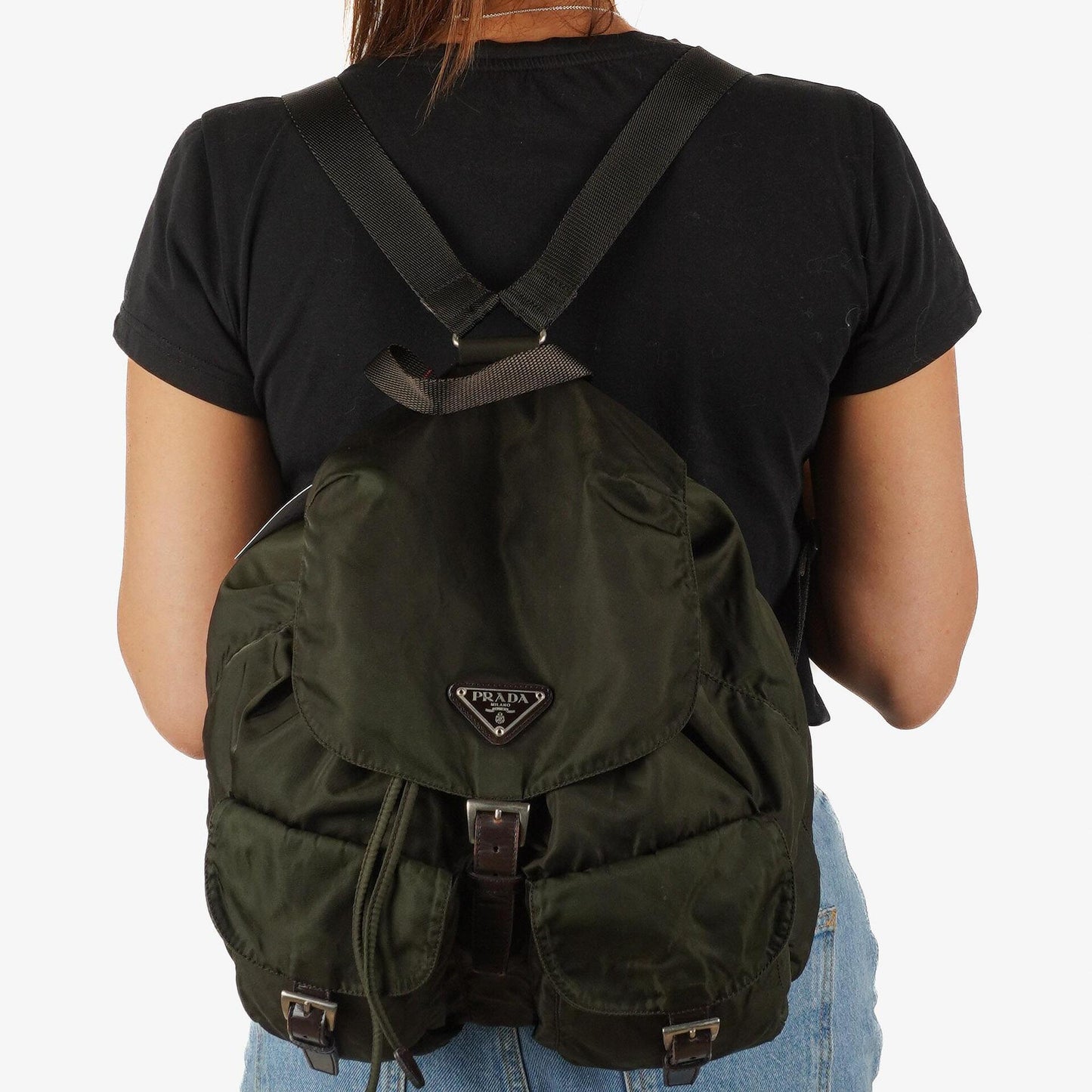Prada Tessuto Nylon Mittlerer Rucksack Ebano Mit Lederbesatz