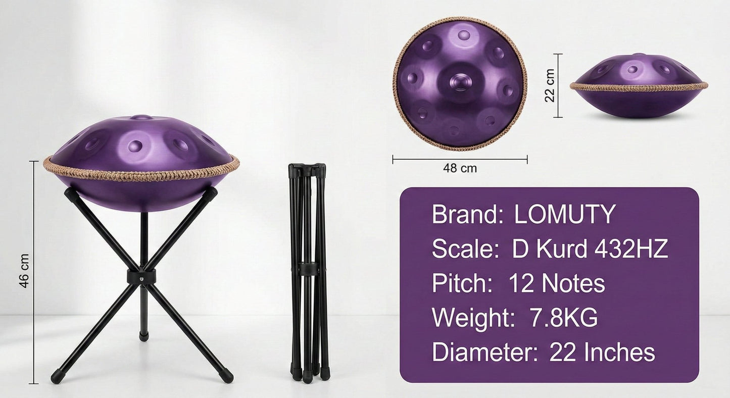 Profi Handpan D - Kurd 432Hz/440Hz – 12 Noten Edelstahl Trommel Set inkl. Ständer & Tasche - Laminimas e.K