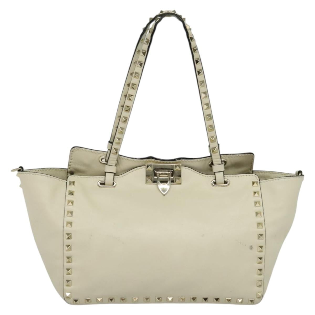 Valentino VALENTINO Studs Tote Bag Leather White Gold Authentic BA3903