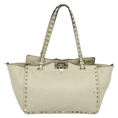Valentino VALENTINO Studs Tote Bag Leather White Gold Authentic BA3903