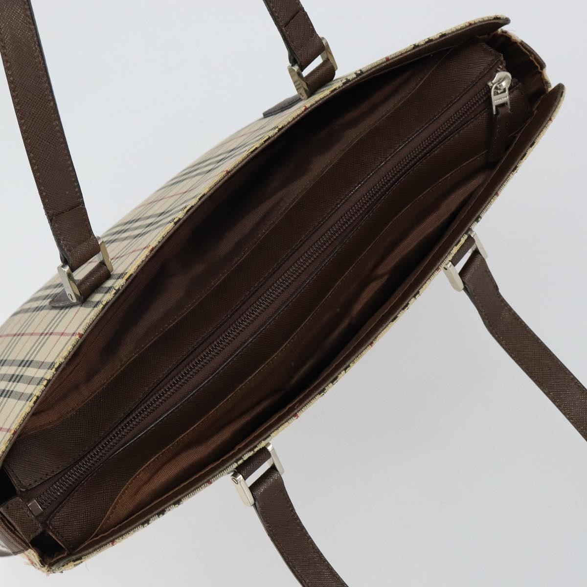 Burberry BURBERRY Nova Check Tote Bag Canvas Leather Beige Silver Authentic 144429