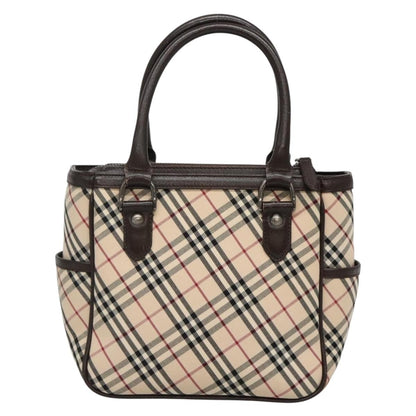 Burberry BURBERRY Nova Check Hand Bag Canvas Beige Silver Authentic ep9645