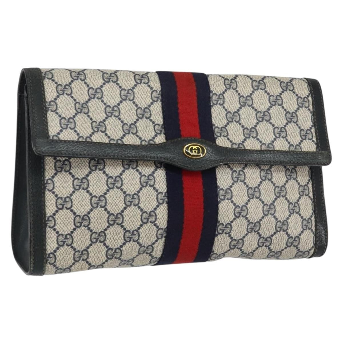 Gucci GUCCI GG Supreme Sherry Line Clutch Bag PVC Navy Red 84 01 007 Authentic 153350