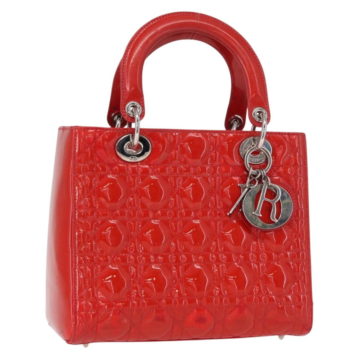 Dior Christian Dior Canage Hand Bag Patent leather Red Silver Authentic 162851