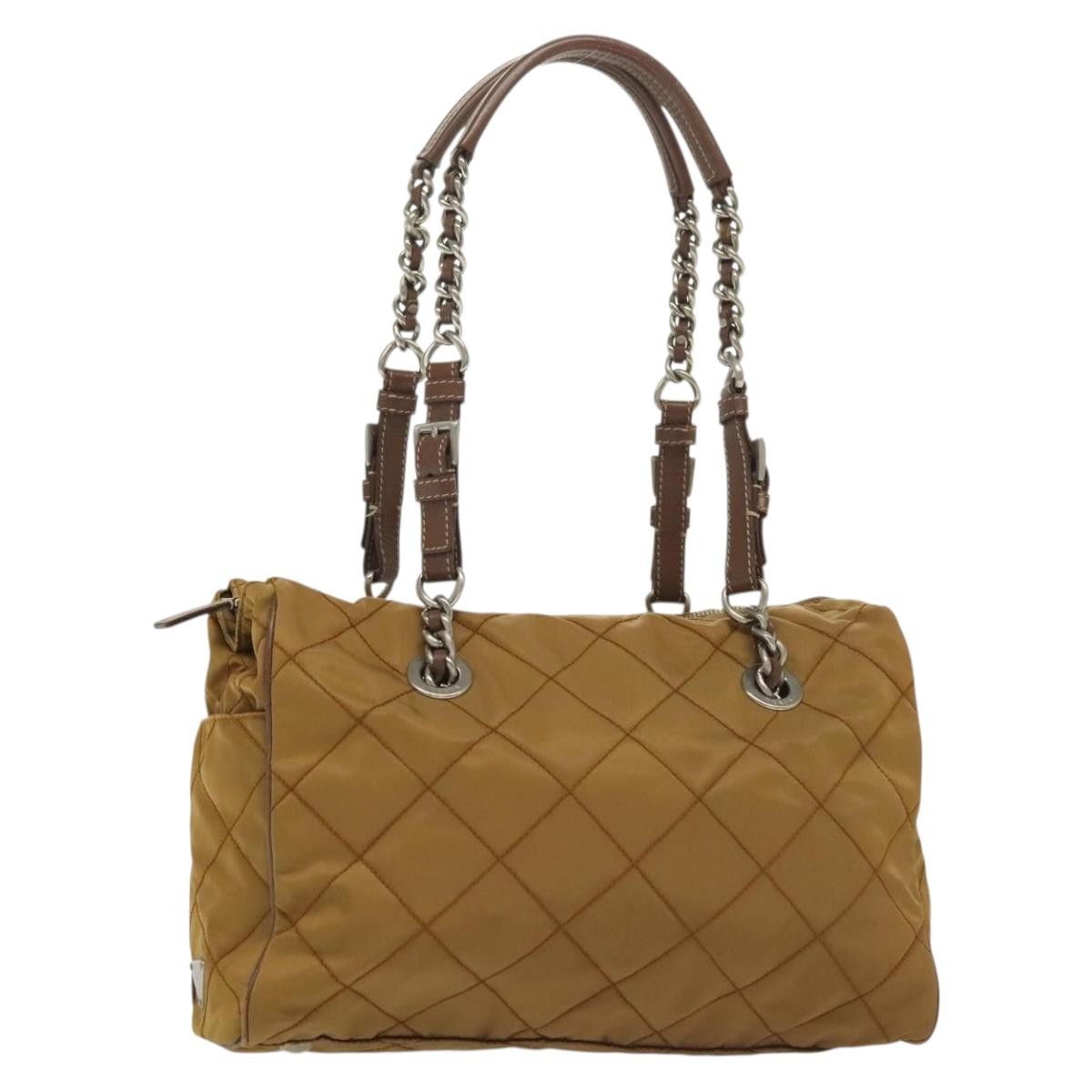 Prada PRADA Chain Shoulder Bag Nylon Beige Silver Authentic 140091