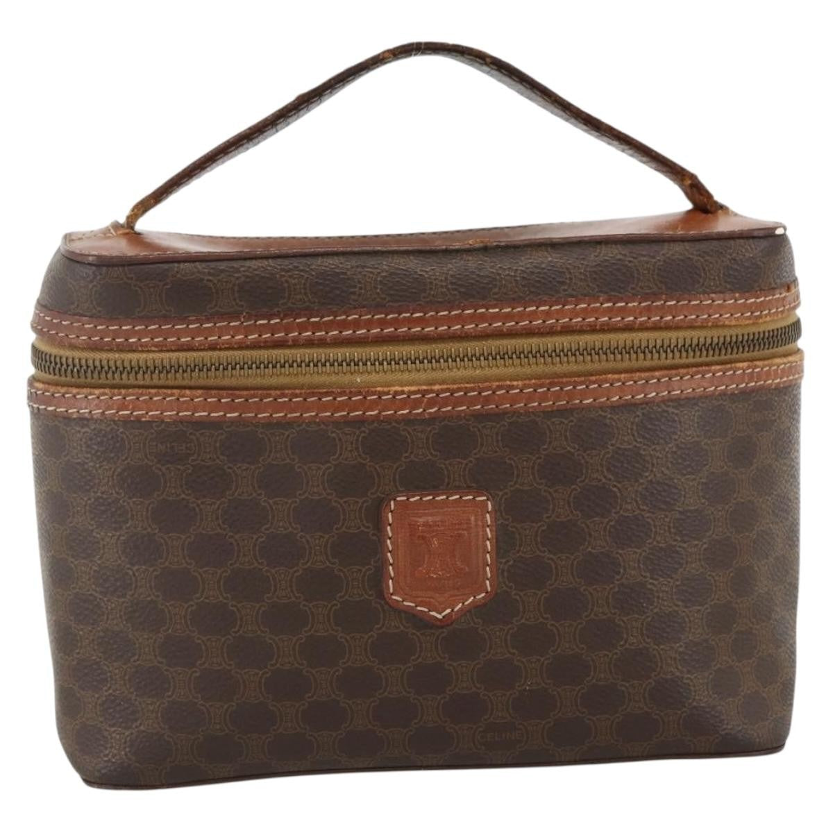 Celine CELINE Macadam Canvas Vanity Hand Bag PVC Leather Brown Gold Authentic ka2851