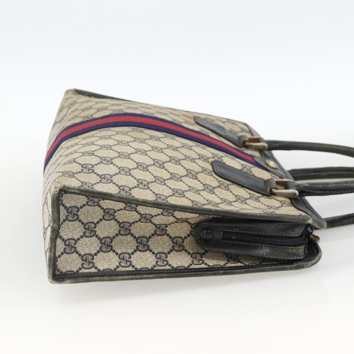 Gucci GUCCI GG Supreme Sherry Line Hand Bag PVC Navy Gold 010 378 Authentic BAZ548