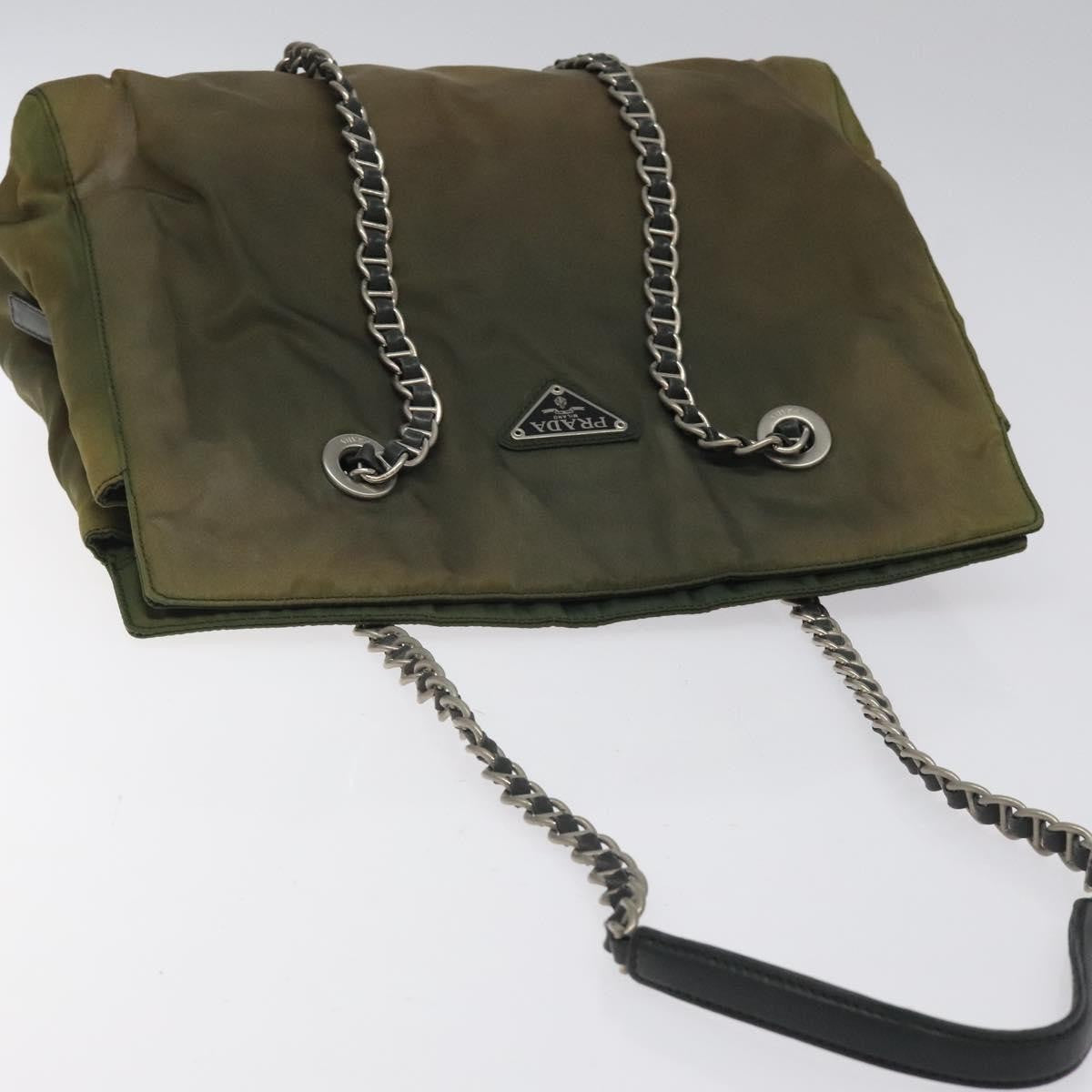 Prada PRADA Chain Shoulder Bag Nylon Khaki Silver Authentic 120140