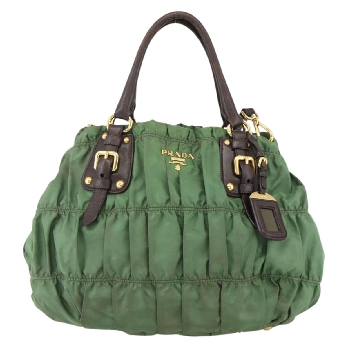 Prada PRADA Hand Bag Nylon 2way Green Gold Authentic YKZ1101