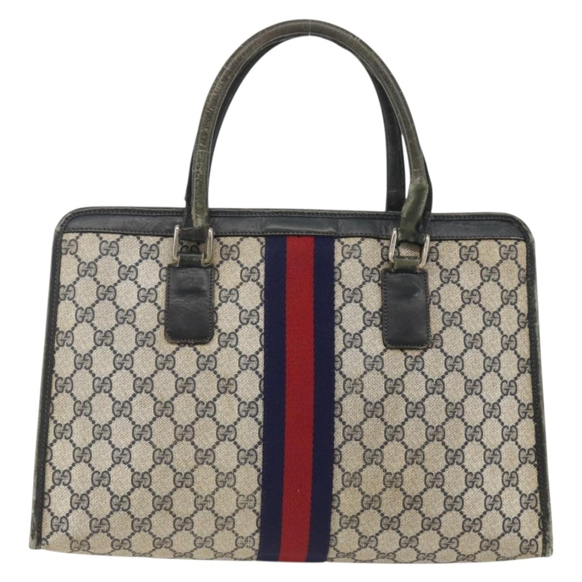 Gucci GUCCI GG Supreme Sherry Line Hand Bag PVC Navy Gold 010 378 Authentic BAZ548