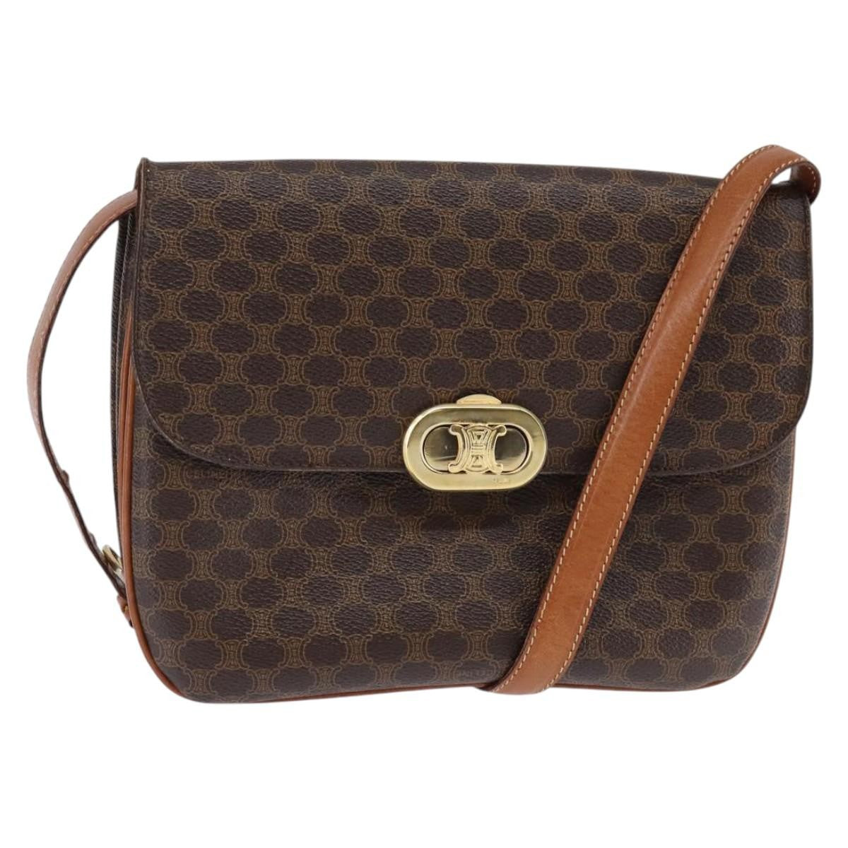 Celine CELINE Macadam Canvas Shoulder Bag PVC Leather Brown Gold Authentic 128916