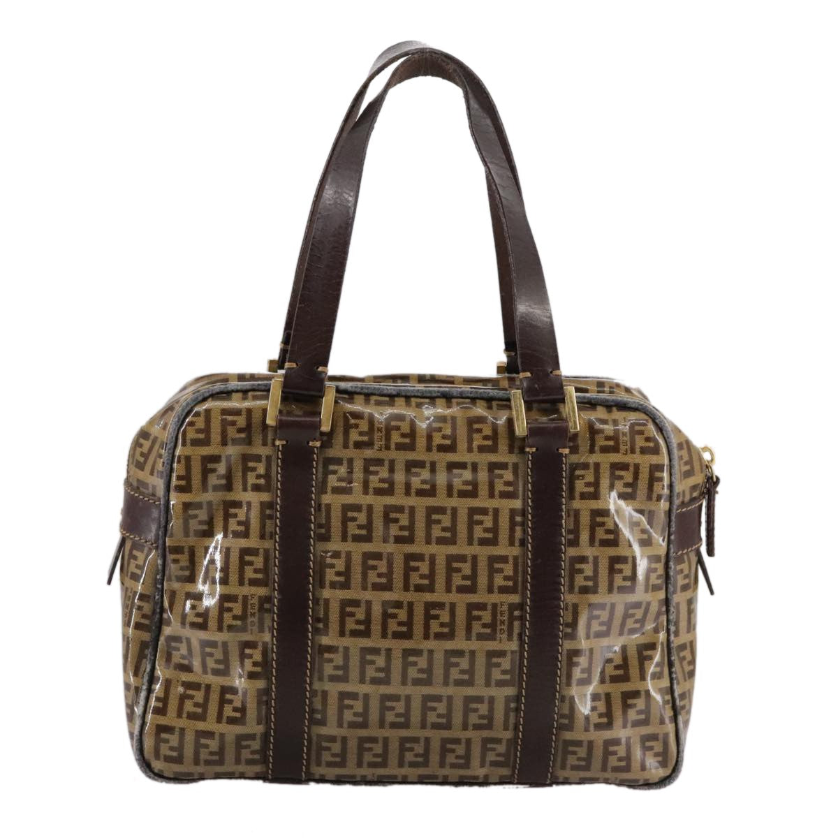 Fendi FENDI Zucchino Canvas Hand Bag Brown Gold Authentic bs21516