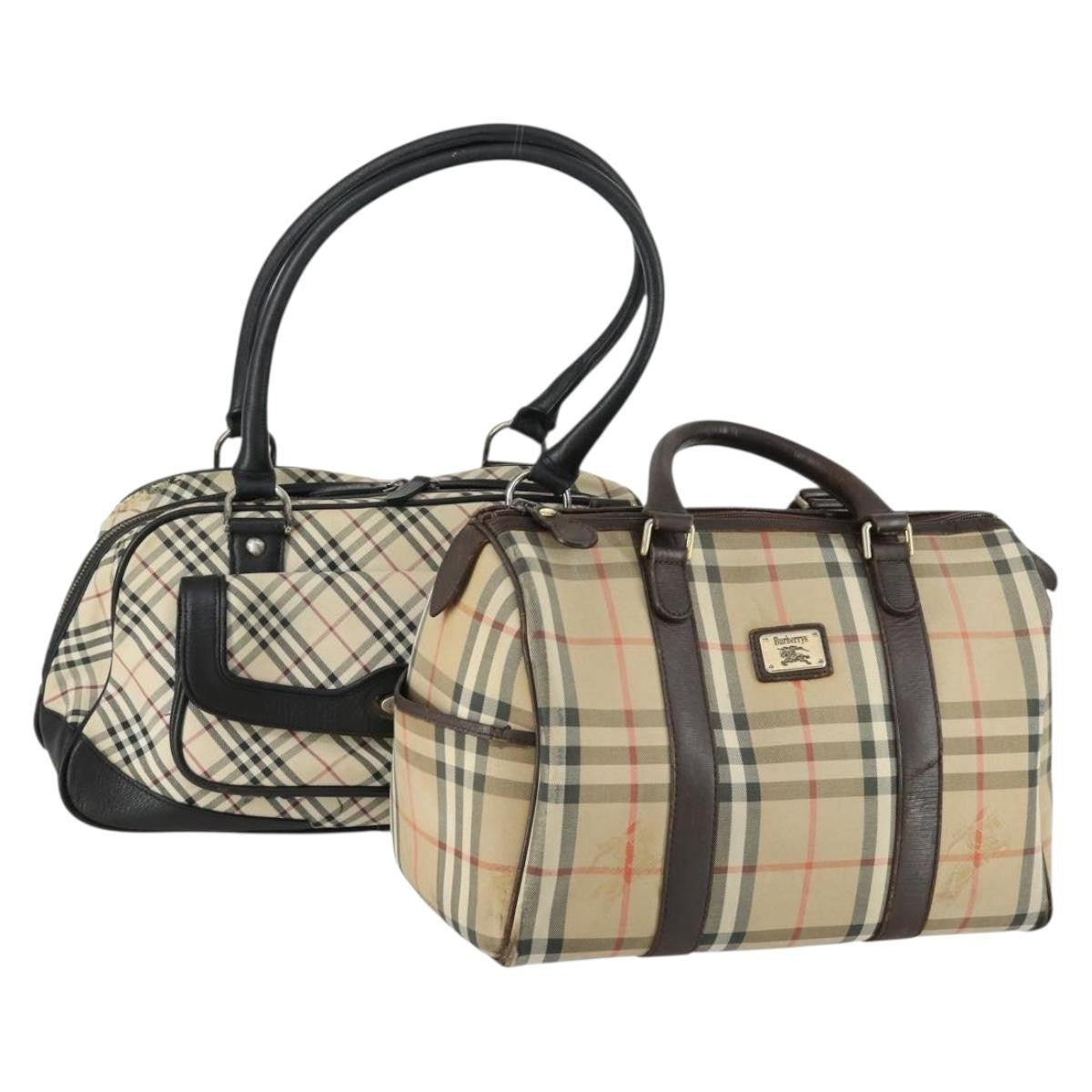 Burberry BURBERRY Nova Check Boston Bag Canvas Leather 2 Set Beige Authentic bs31977
