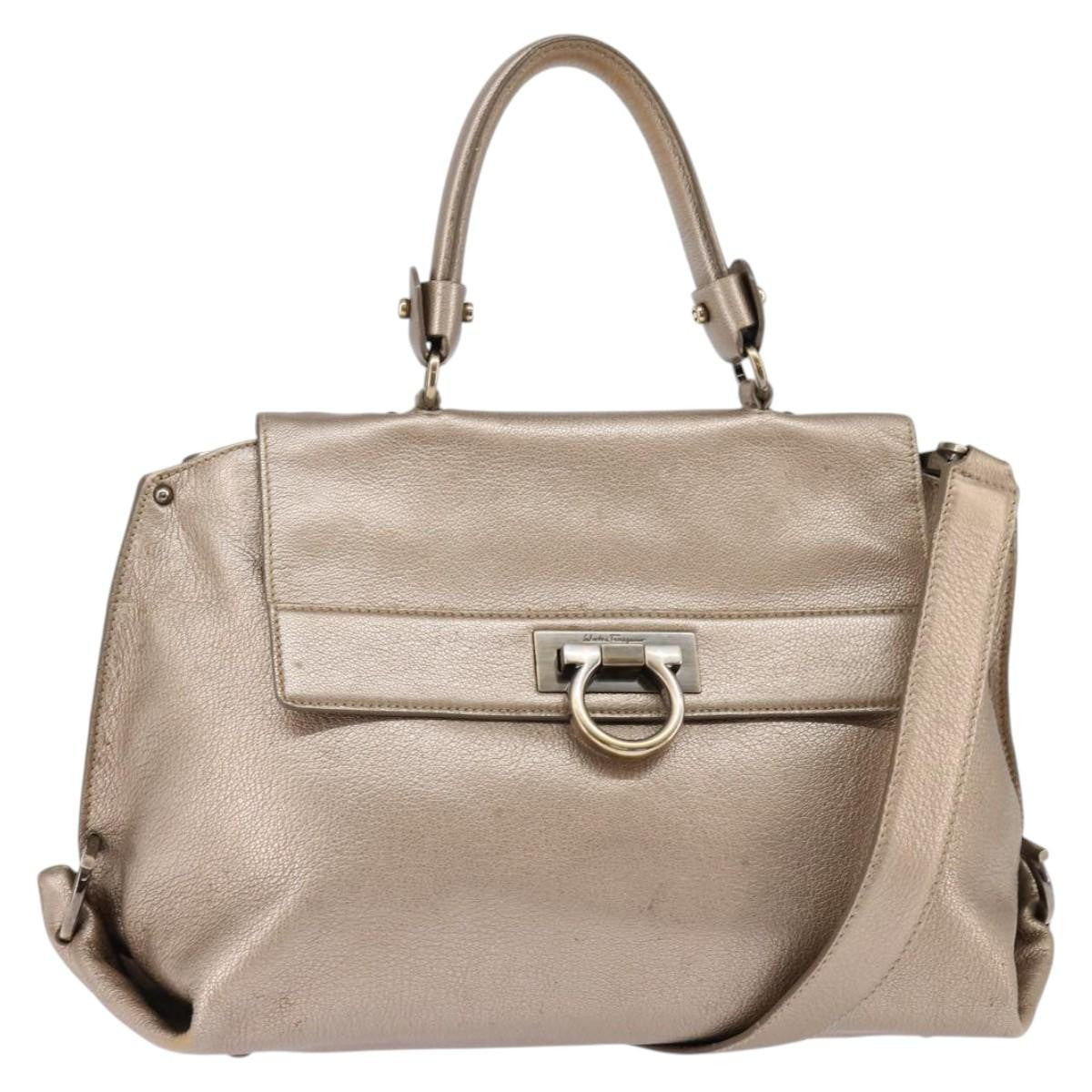 Salvatore Ferragamo Salvatore Ferragamo Gancini Hand Bag Leather 2way Beige Gold Authentic BA5964