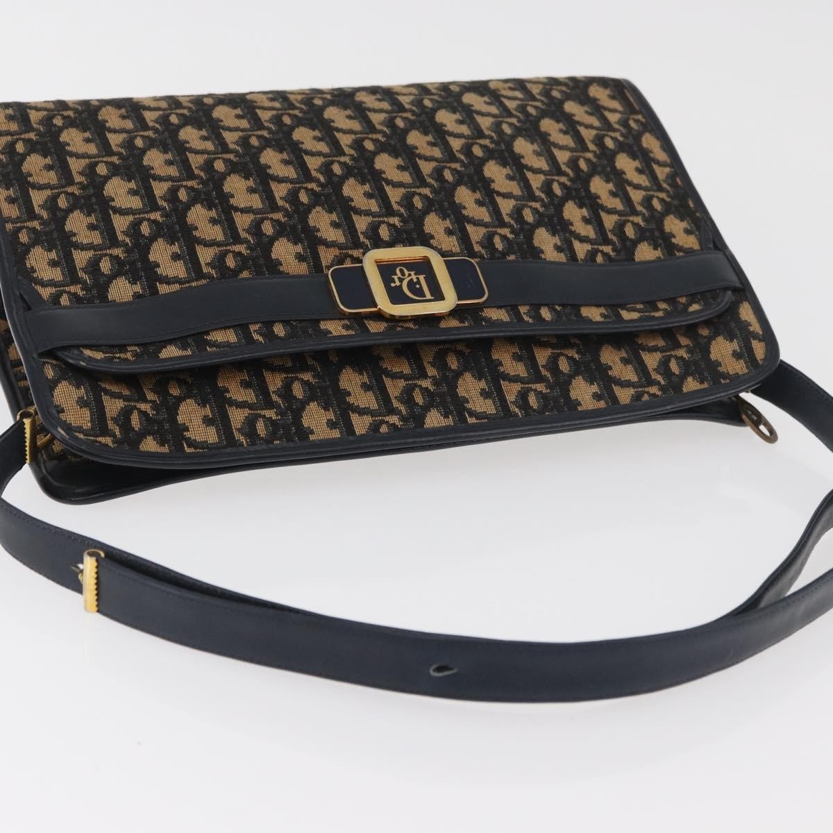 Dior Christian Dior Trotter Canvas Shoulder Bag Navy Gold Authentic 181395