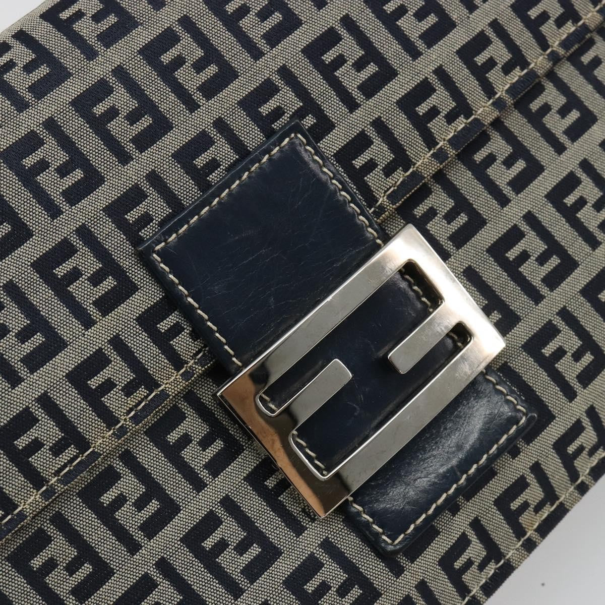Fendi FENDI Zucchino Canvas Shoulder Bag Navy Silver Authentic 182201V