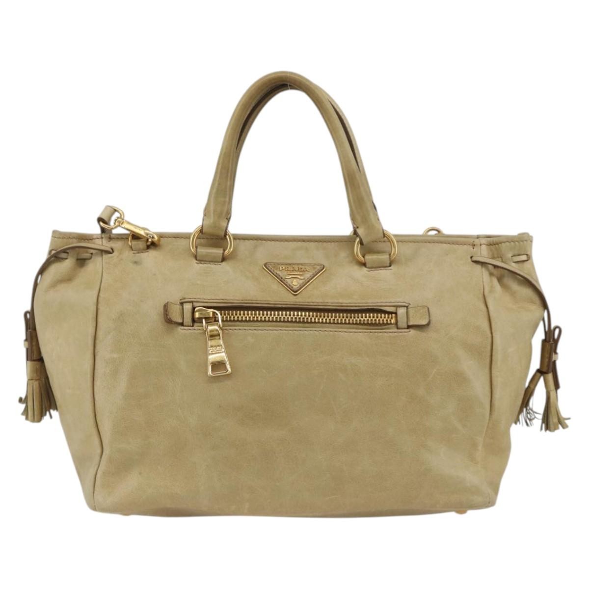 Prada PRADA Hand Bag Leather 2way Beige Gold Authentic 174345