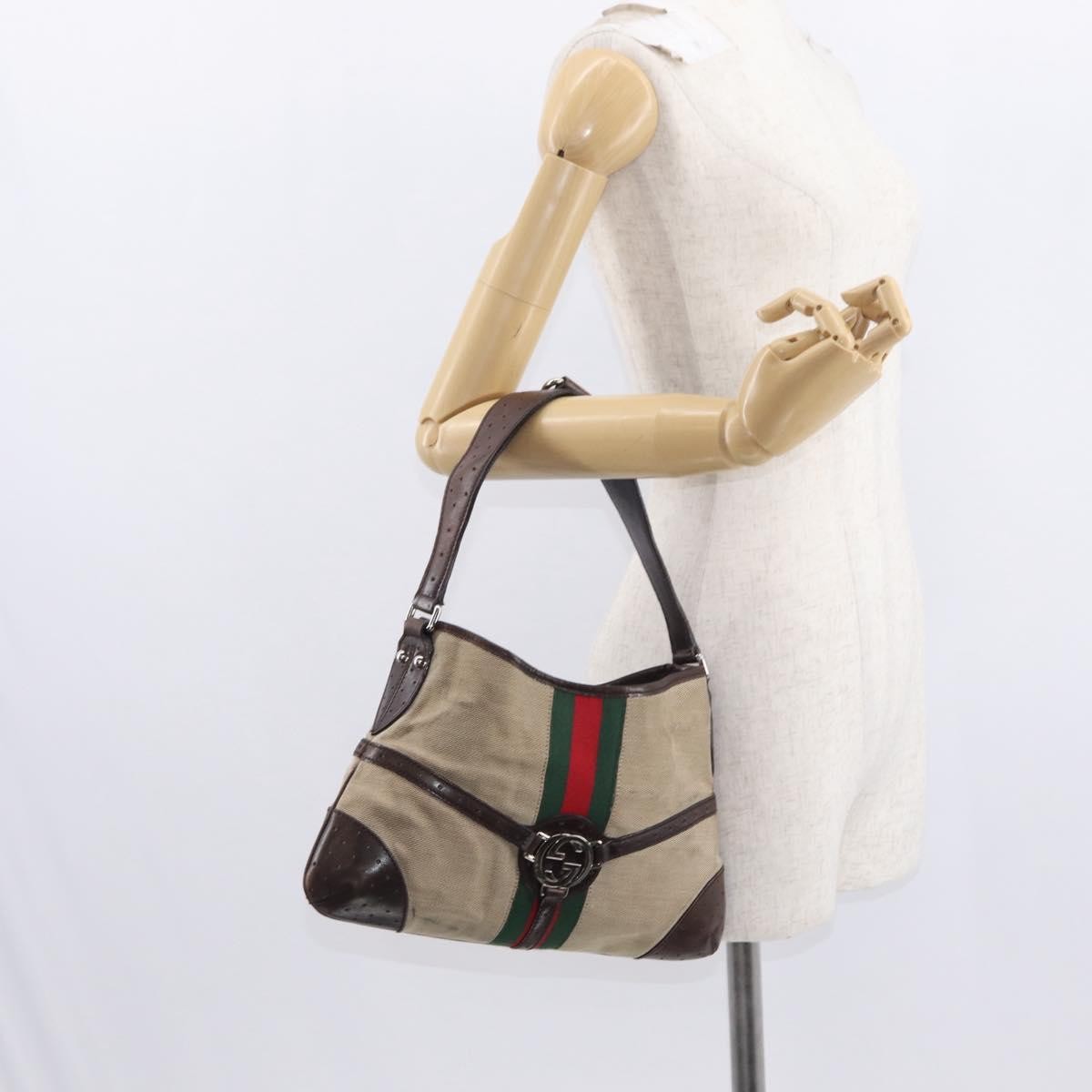 Gucci GUCCI Web Sherry Line Shoulder Bag Beige Silver Red 114877 Authentic yk19547