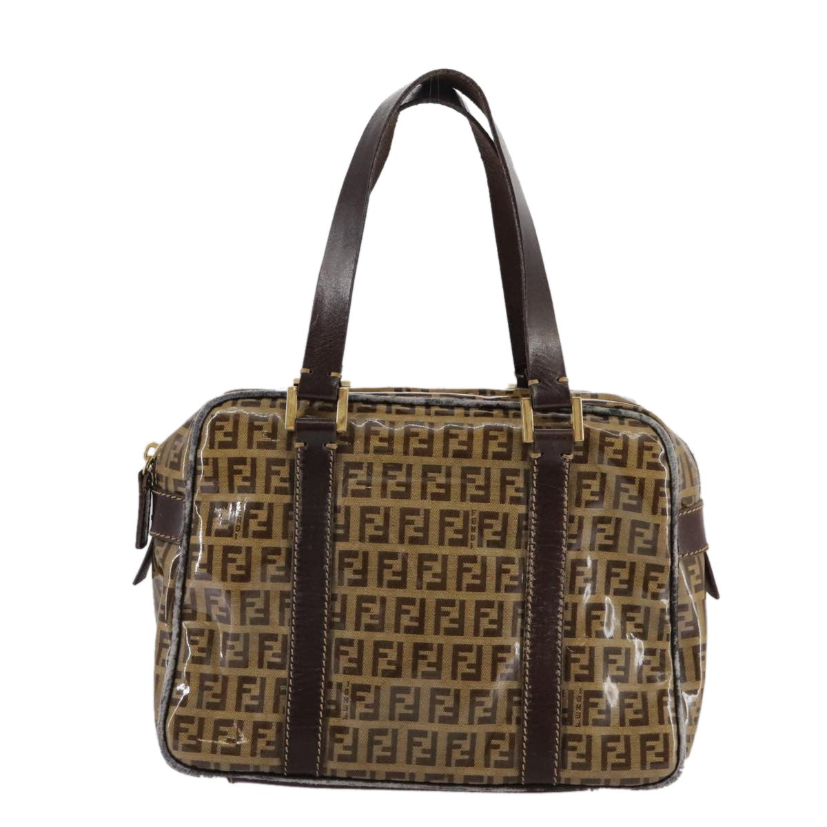 Fendi FENDI Zucchino Canvas Hand Bag Brown Gold Authentic bs21516