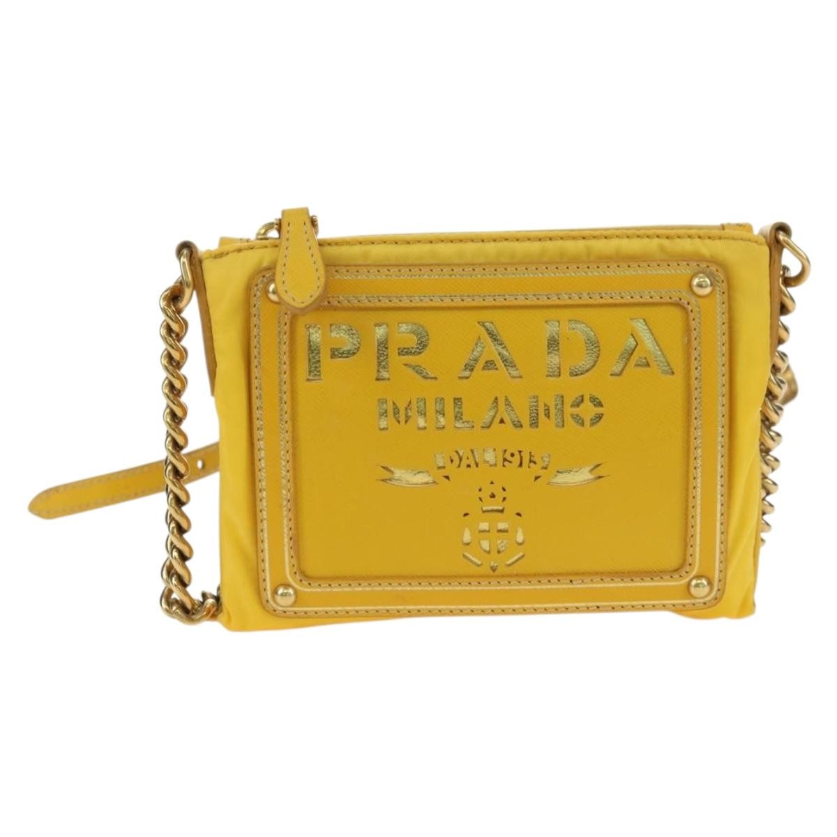 Prada PRADA Chain Shoulder Bag Nylon Leather Yellow Gold Authentic 143507