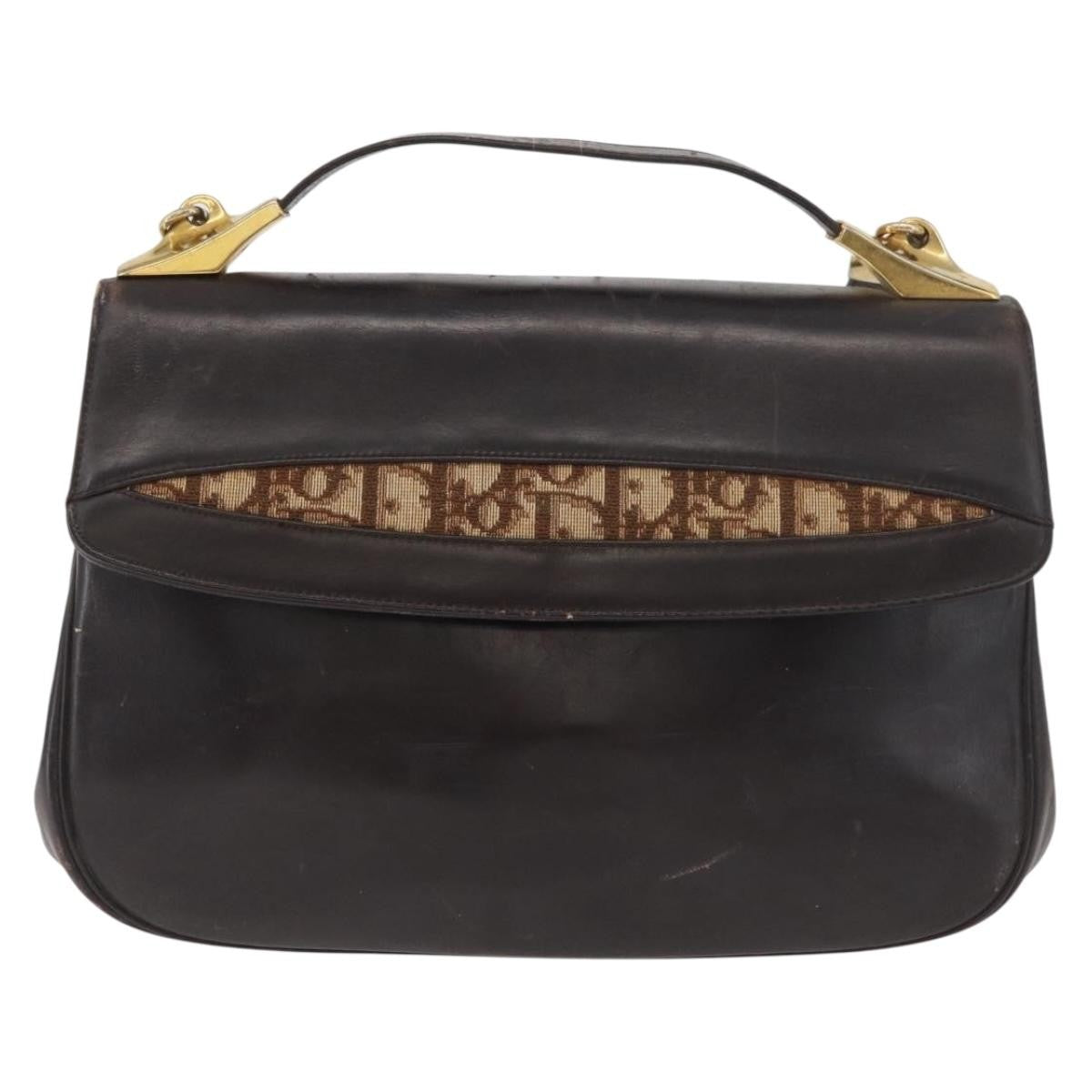 Dior Christian Dior Hand Bag Calf Skin 2way Dark Brown Gold Authentic 180355