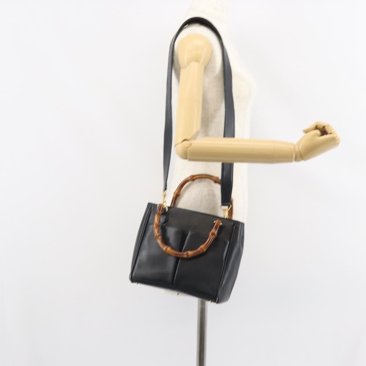 Gucci GUCCI Bamboo Hand Bag Leather 2way Black Gold 000 2122 0316 Authentic 160580
