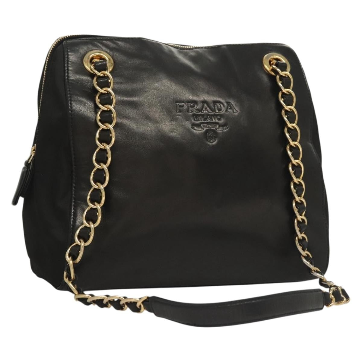 Prada PRADA Chain Shoulder Bag Leather Black Gold Authentic yk18939