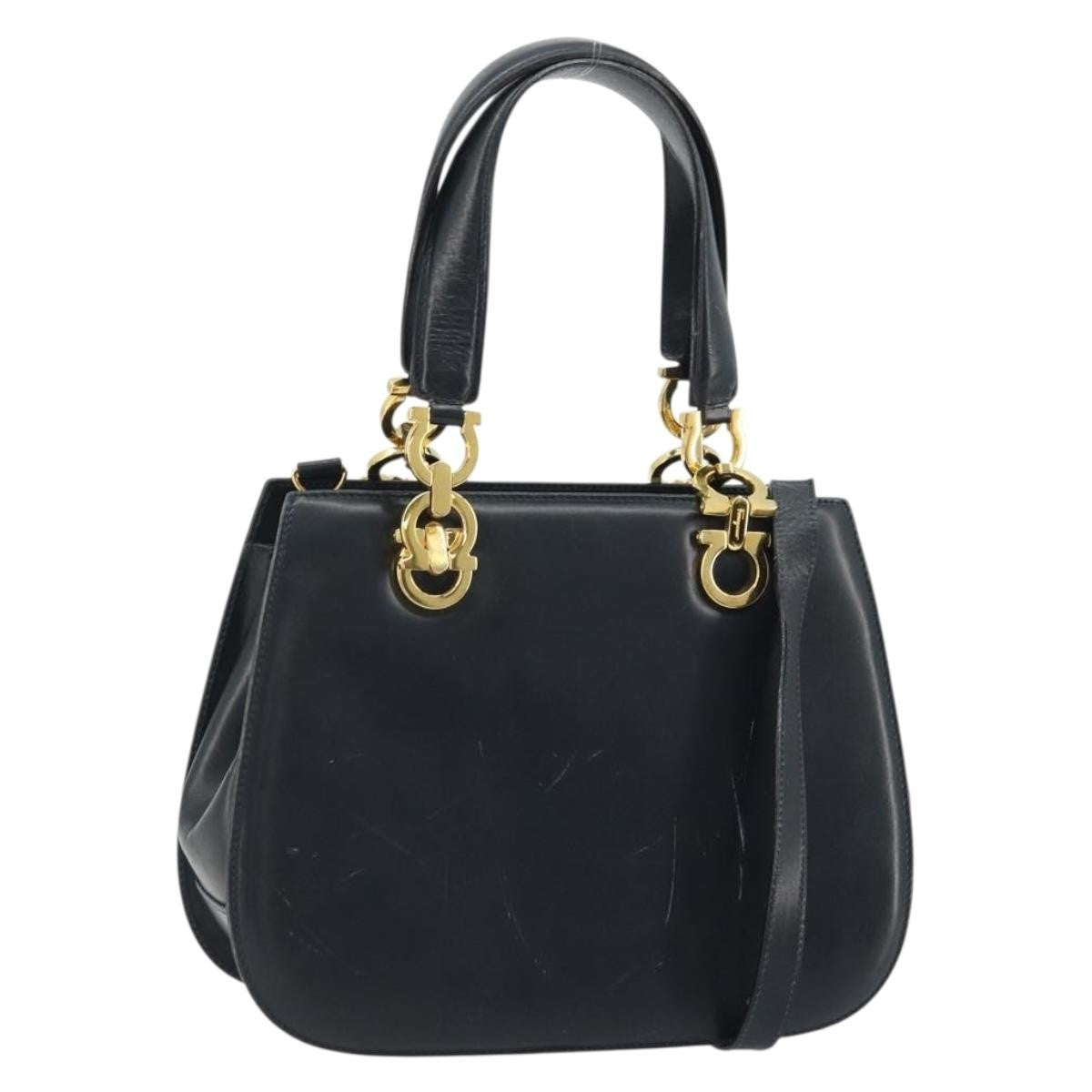 Salvatore Ferragamo Salvatore Ferragamo Gancini Hand Bag Leather 2way Navy Gold Authentic ARZ896