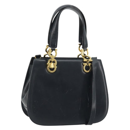 Salvatore Ferragamo Salvatore Ferragamo Gancini Hand Bag Leather 2way Navy Gold Authentic ARZ896