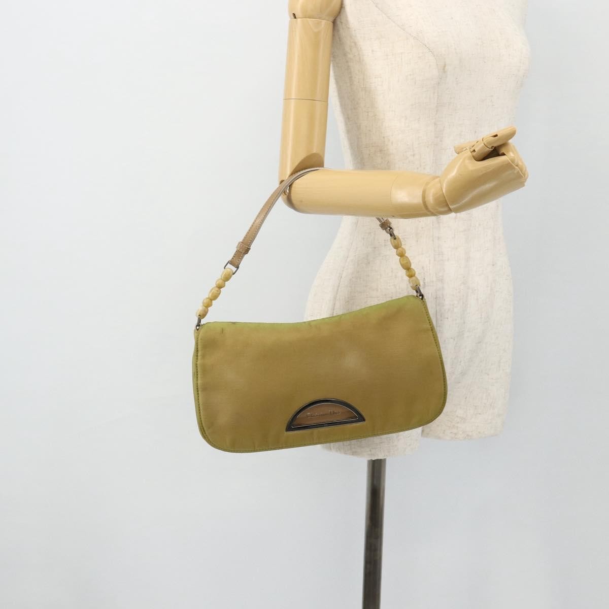 Dior Christian Dior Maris Pearl Shoulder Bag Nylon Beige Silver Authentic 180083