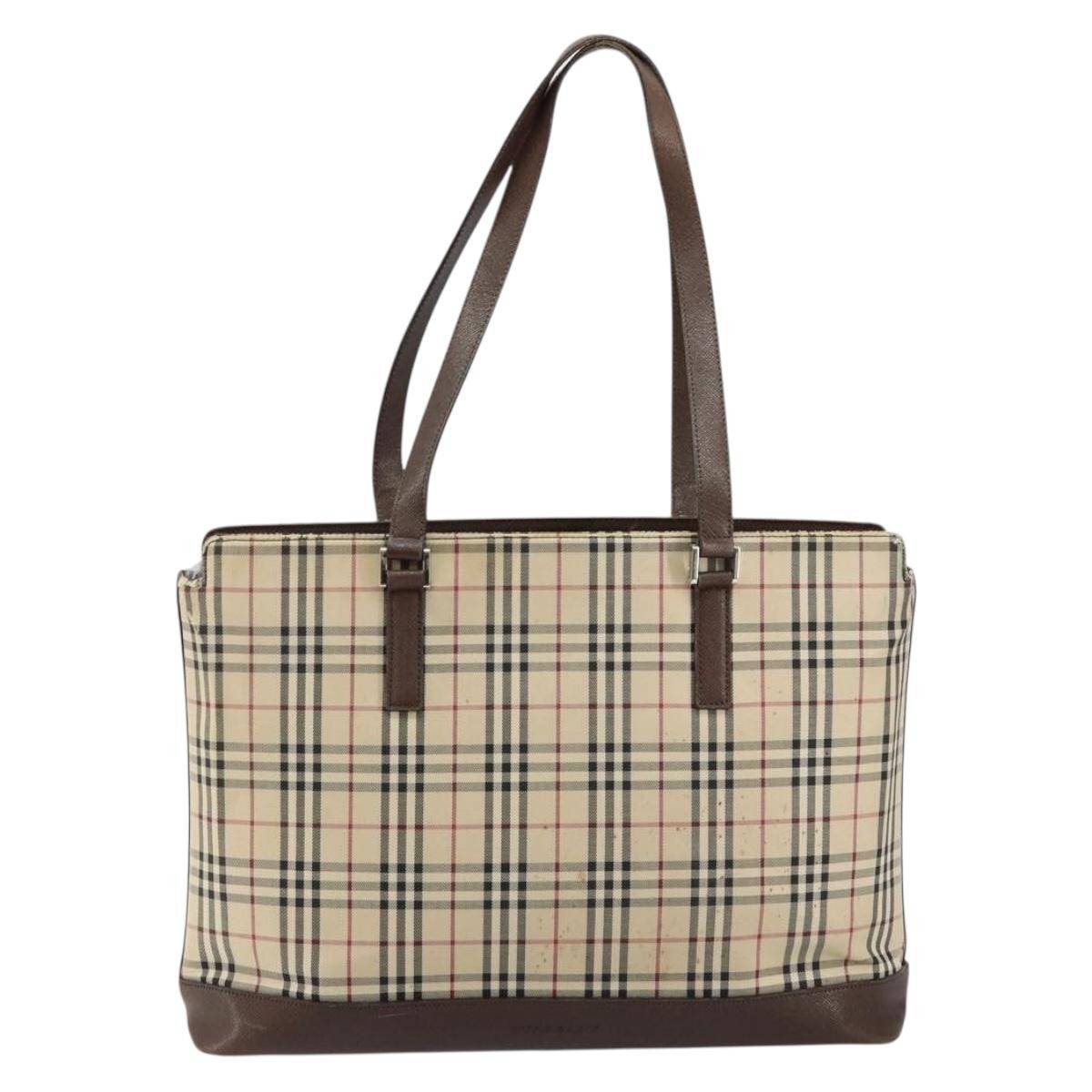 Burberry BURBERRY Nova Check Tote Bag Canvas Leather Beige Silver Authentic 144429