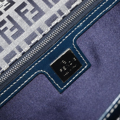 Fendi FENDI Zucchino Canvas Shoulder Bag Navy Silver Authentic 182201V