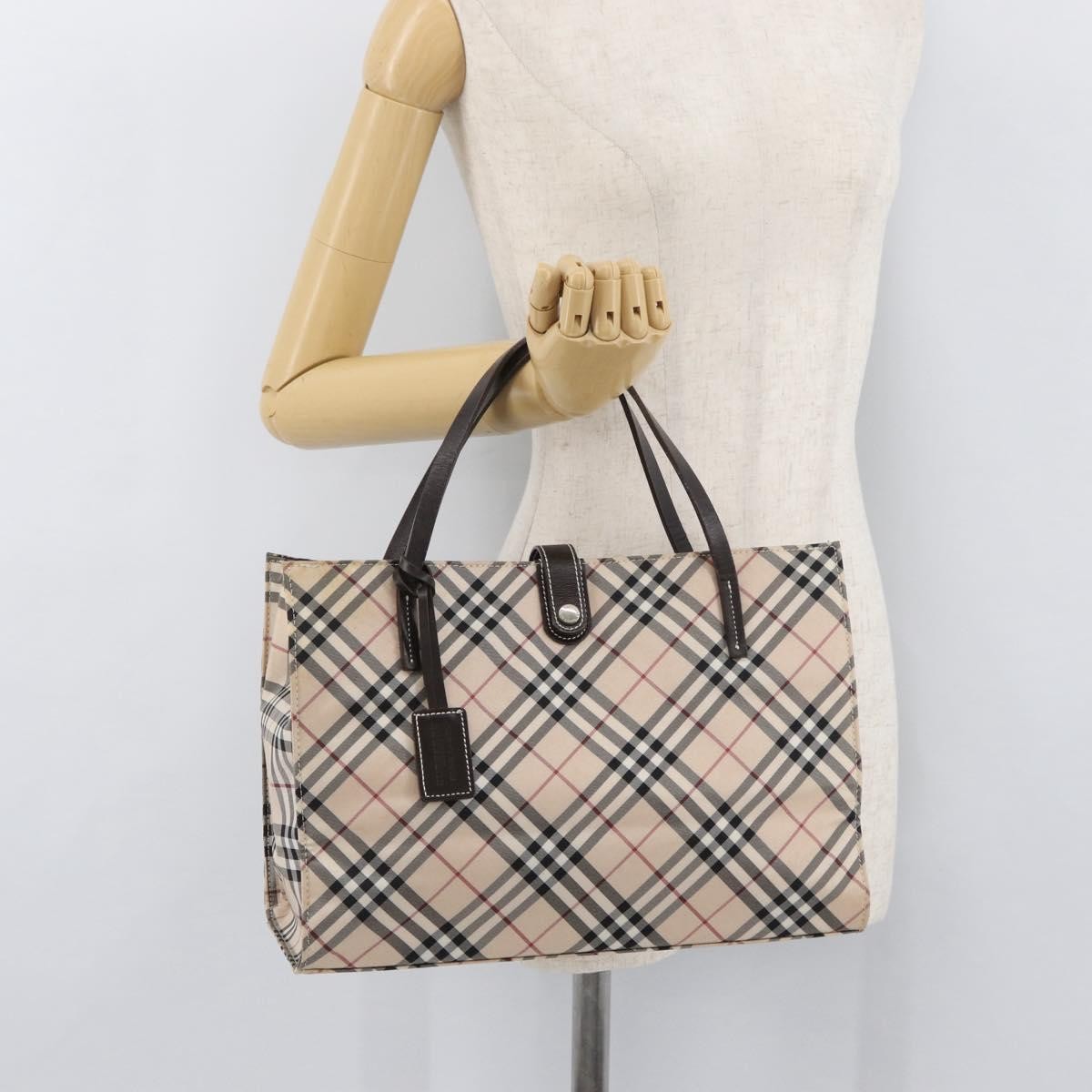 Burberry BURBERRY Nova Check Blue Label Hand Bag Nylon Beige Silver Authentic bs34396