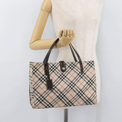 Burberry BURBERRY Nova Check Blue Label Hand Bag Nylon Beige Silver Authentic bs34396