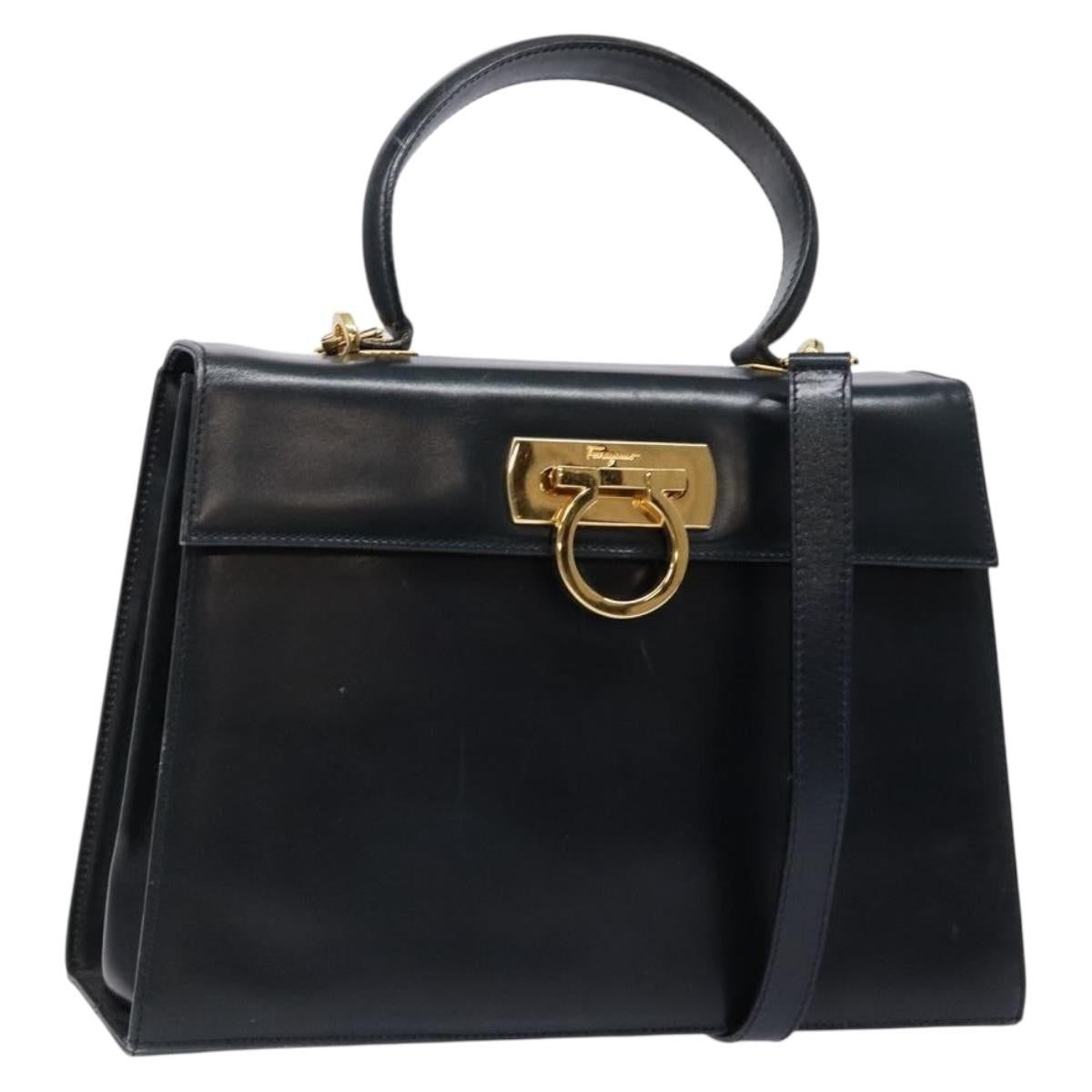 Salvatore Ferragamo Salvatore Ferragamo Gancini Hand Bag Leather 2way Navy Gold Authentic 133776