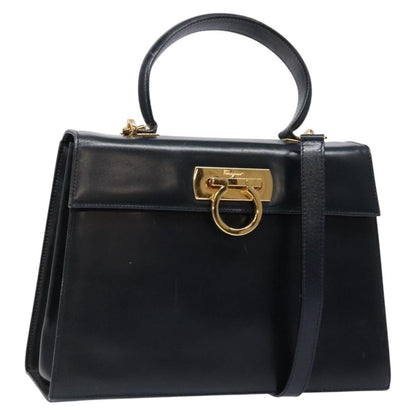 Salvatore Ferragamo Salvatore Ferragamo Gancini Hand Bag Leather 2way Navy Gold Authentic 133776