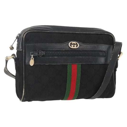 Gucci GUCCI GG Canvas Web Sherry Line Shoulder Bag Black Gold Authentic 158418