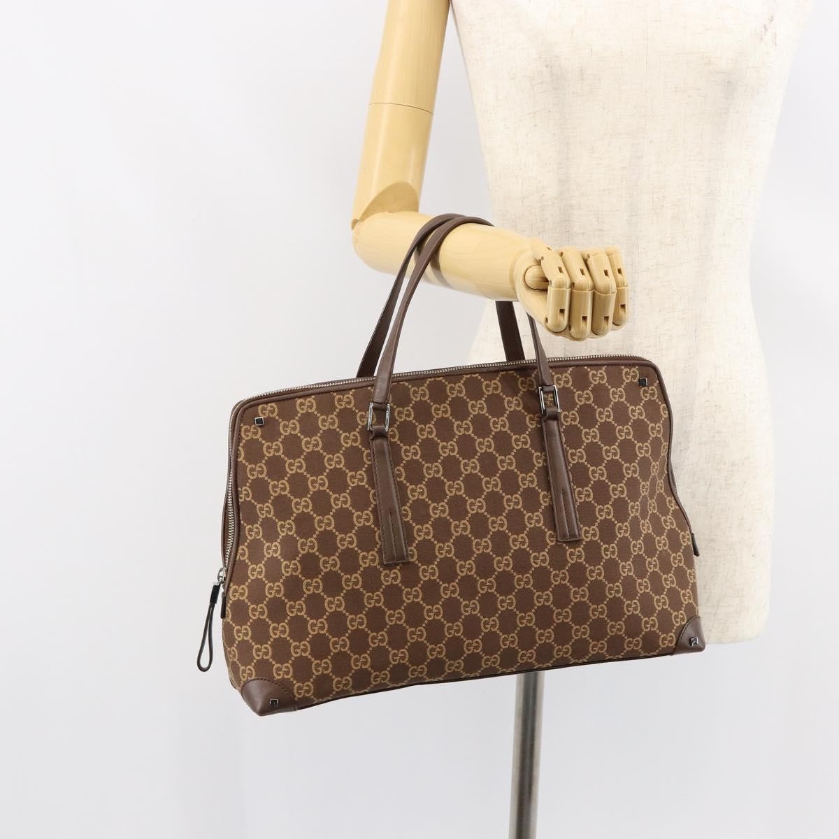 Gucci GUCCI GG Canvas Hand Bag Leather Brown Gold Authentic 149459